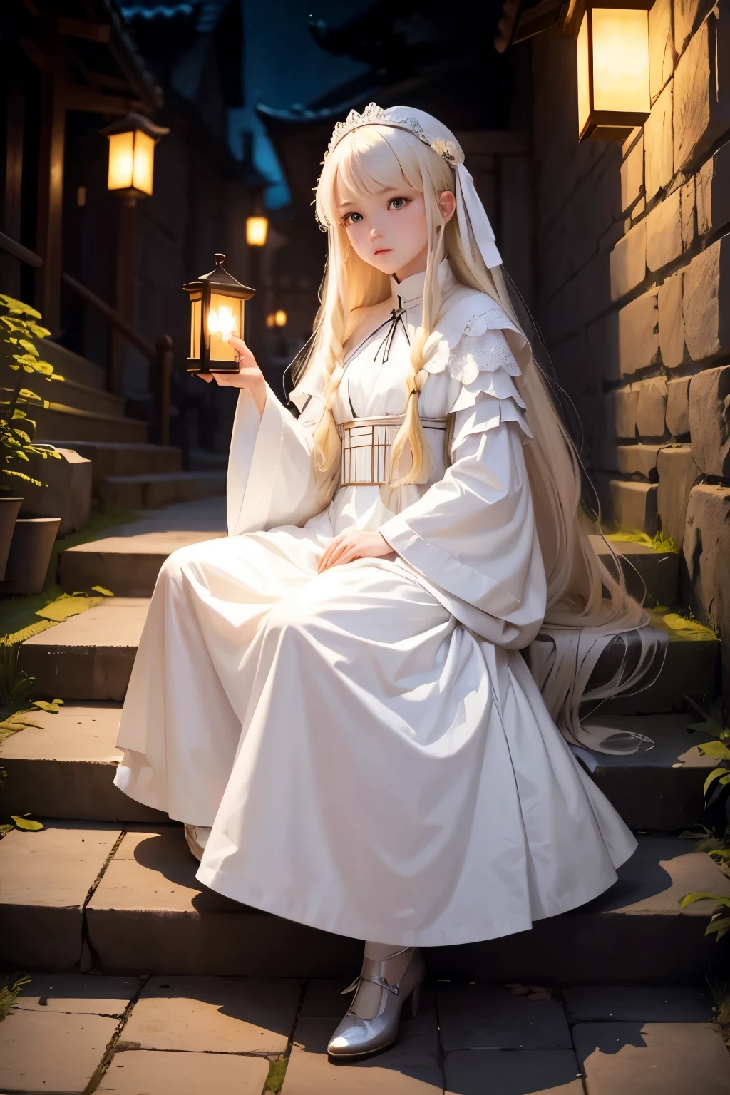 (Highest quality:1.2)。One Girl。Platinum blonde long hair。White smock。Holding a lighted lantern。Going down the stone stairs。The background is inside an old Western castle。Pitch black。