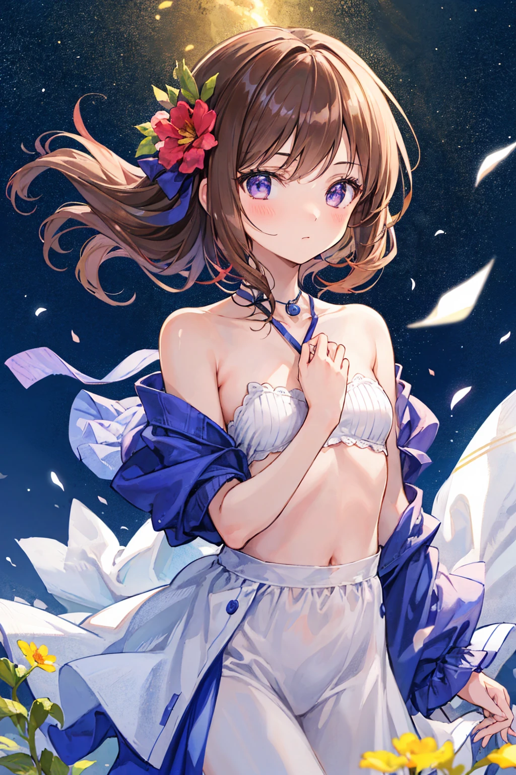 (Highest quality, masterpiece), One girl, Pause, particle, Wind, flower, Upper Body, Simple Background, Looking at the audience, Brown Hair, milky way, beautiful，Small breasts，Flat chest，Shortcuts