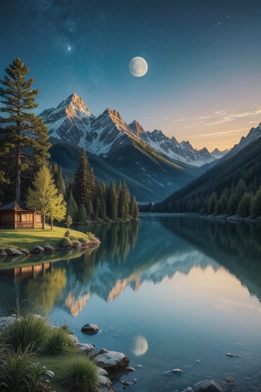 Highest quality、masterpiece、Landscape painting、Moon, Mountains and Lakes、Surrealism