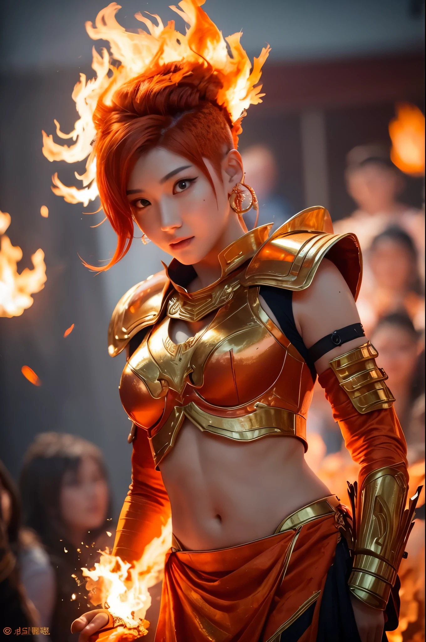 8k,Goddess of Fire, With the energy of a 20-year-old.,Super Beauty(Like the real thing),Gazing at the audience.,Orange Mohawk Hair,Sexy Orange Flame Armor(Fire God&#39;s Emblem),Orange Flame Gauntlets(Fire God&#39;s Emblem),Orange Flame Leg Guards(Fire God&#39;s Emblem),A dark and desolate land,Photorealistic RAW photos of the highest quality。Bright colors,Rich colors, Backlight, Cinema Lighting, Film Grain, 50mm lens, Nikon D850,Realistic Skin,Fantasy art,Character Art,Ultra-high resolution,Realistic Skin,Very strong and toned abdominal muscles,Raised muscles,Goddess of Fireである20歳の美女,Golden Eyes,Black Flame God Costume(Orange flame emblem filigree),Energy Man,Super Muscular Beauty,Hard and strong abs,Top-down view,Dynamic fighting pose,Uplifting,Big smile,Bright Red Eyes,American Woman,Bodybuilder,