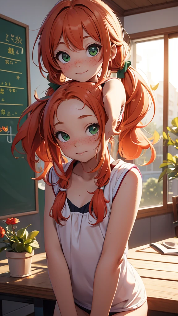 (masterpiece), (4k), )vivid colors), (evening light) 5 girl with ginger hair, innocent face, freckles and 2 green pigtails dressed as a flat chested sexy student, fully dressed