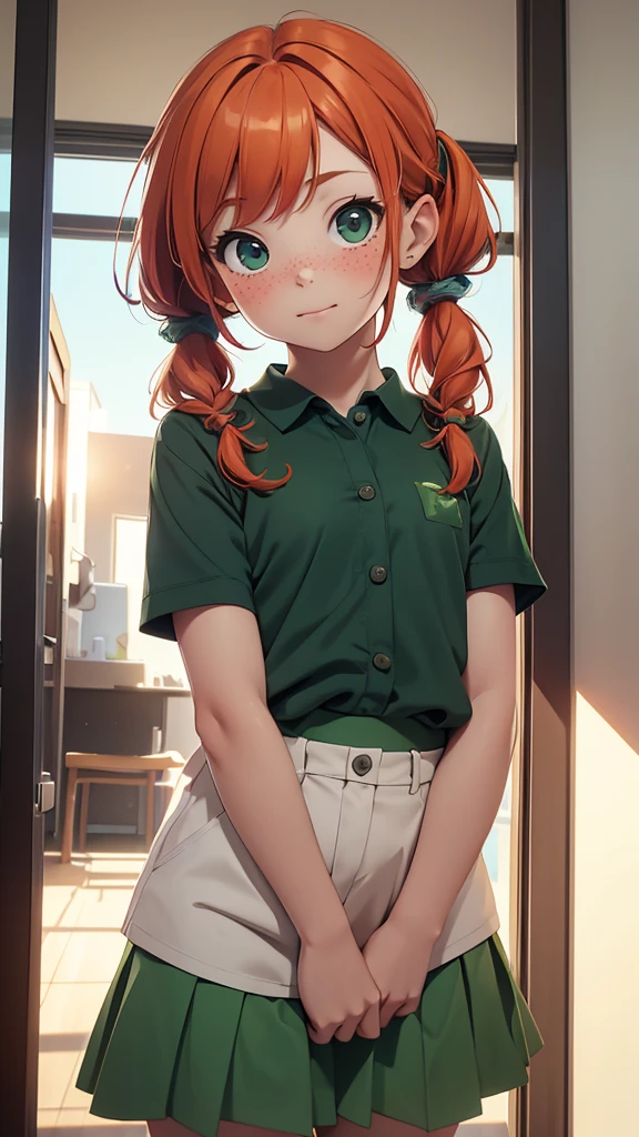 (masterpiece), (4k), )vivid colors), (evening light) 5 year old girl with ginger hair, innocent face, freckles and 2 green pigtails dressed as a flat chested sexy student, fully dressed