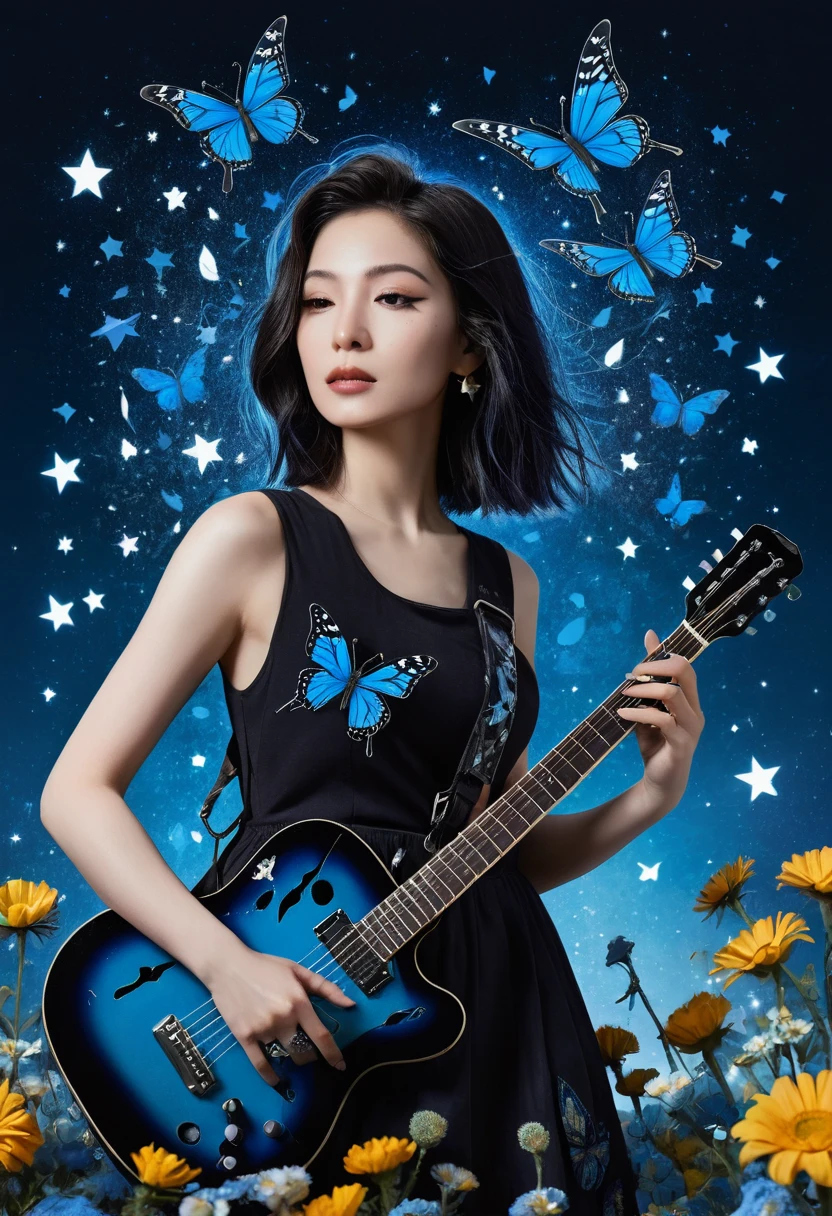 a woman with a guitar in her hand and a background of flowers and butterflies and stars is depicted in this artistic illustration of a woman with a guitar in her hand and a black background of a blue and a blue background,with a,and a,Alice Prin,dark background,cyberpunk art,synchromism,
