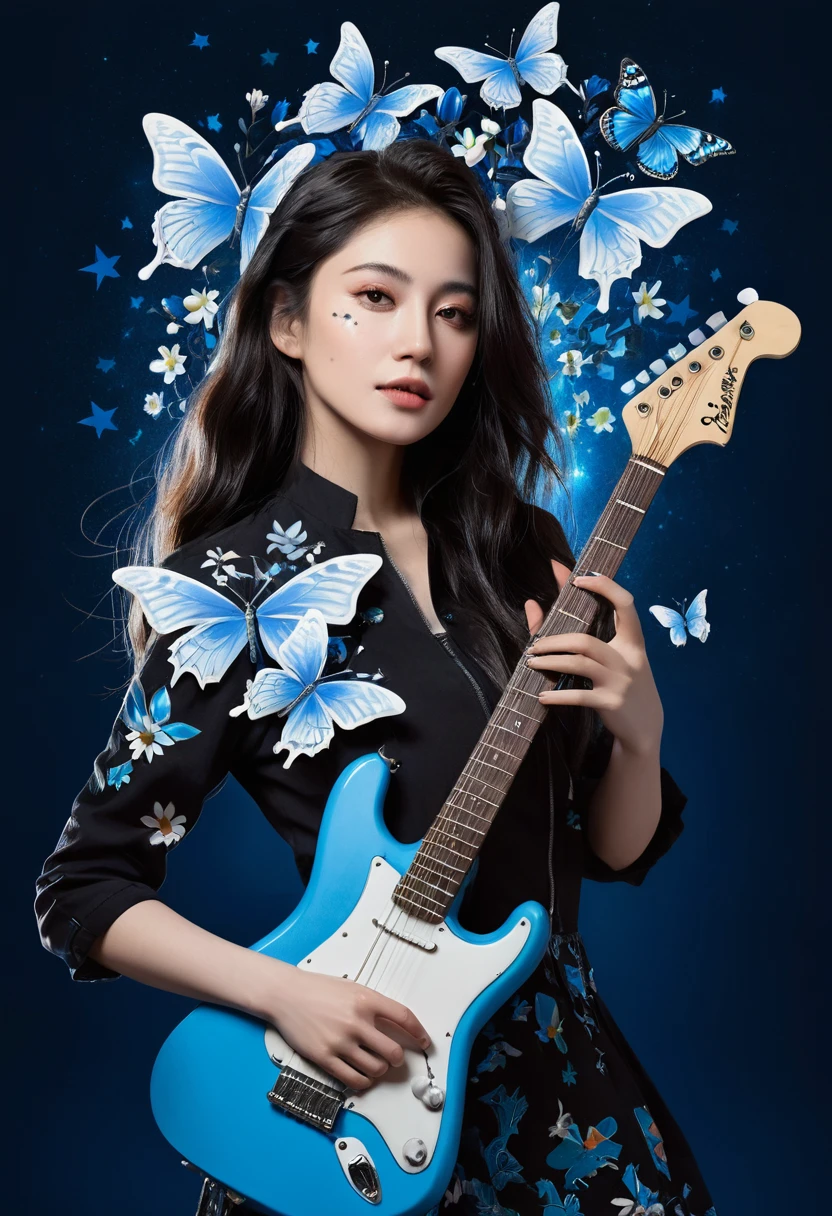 a woman with a guitar in her hand and a background of flowers and erflies and stars is depicted in this artistic illustration of a woman with a guitar in her hand and a black background of a blue and a blue background,with a,and a,Alice Prin,dark background,cyberpunk art,synchromism,