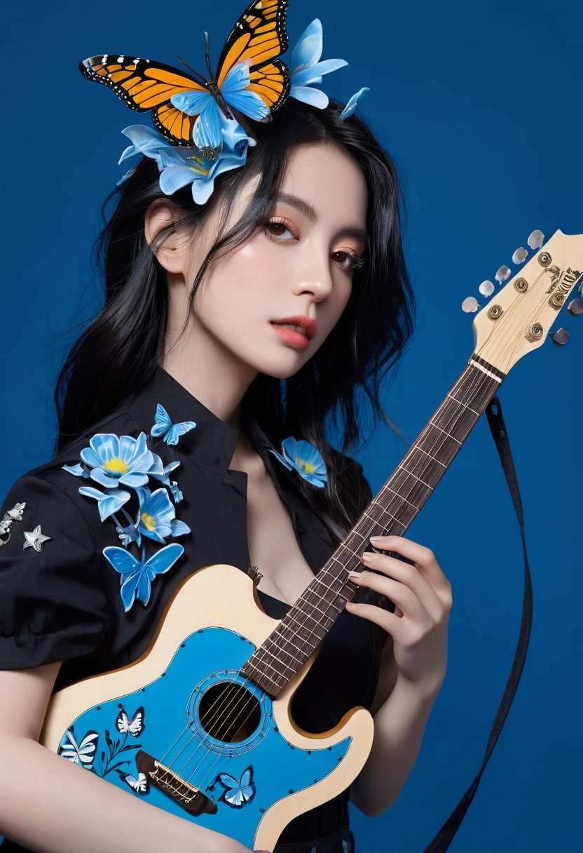 a woman with a guitar in her hand and a background of flowers and butterflies and stars is depicted in this artistic illustration of a woman with a guitar in her hand and a black background of a blue and a blue background,with a,and a,Alice Prin,dark background,cyberpunk art,synchromism,