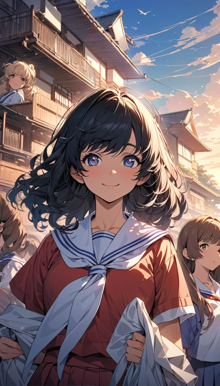 Highest quality, masterpiece, Four Girls, 80s Hairstyles, (Schoolgirl uniform,Sailor suit), smile, (Different hair colors, A different face), (Japanese school,On the way home from school), Pause,Detailed skin texture, Detailed cloth texture, Detailed face, Detailed Hair, Super Detail, 8k, Intricate details, Dynamic composition, High resolution eyes, Mystical Eyes, Summer sunshine, Beautiful background, Anime of the Japan of the 80s,