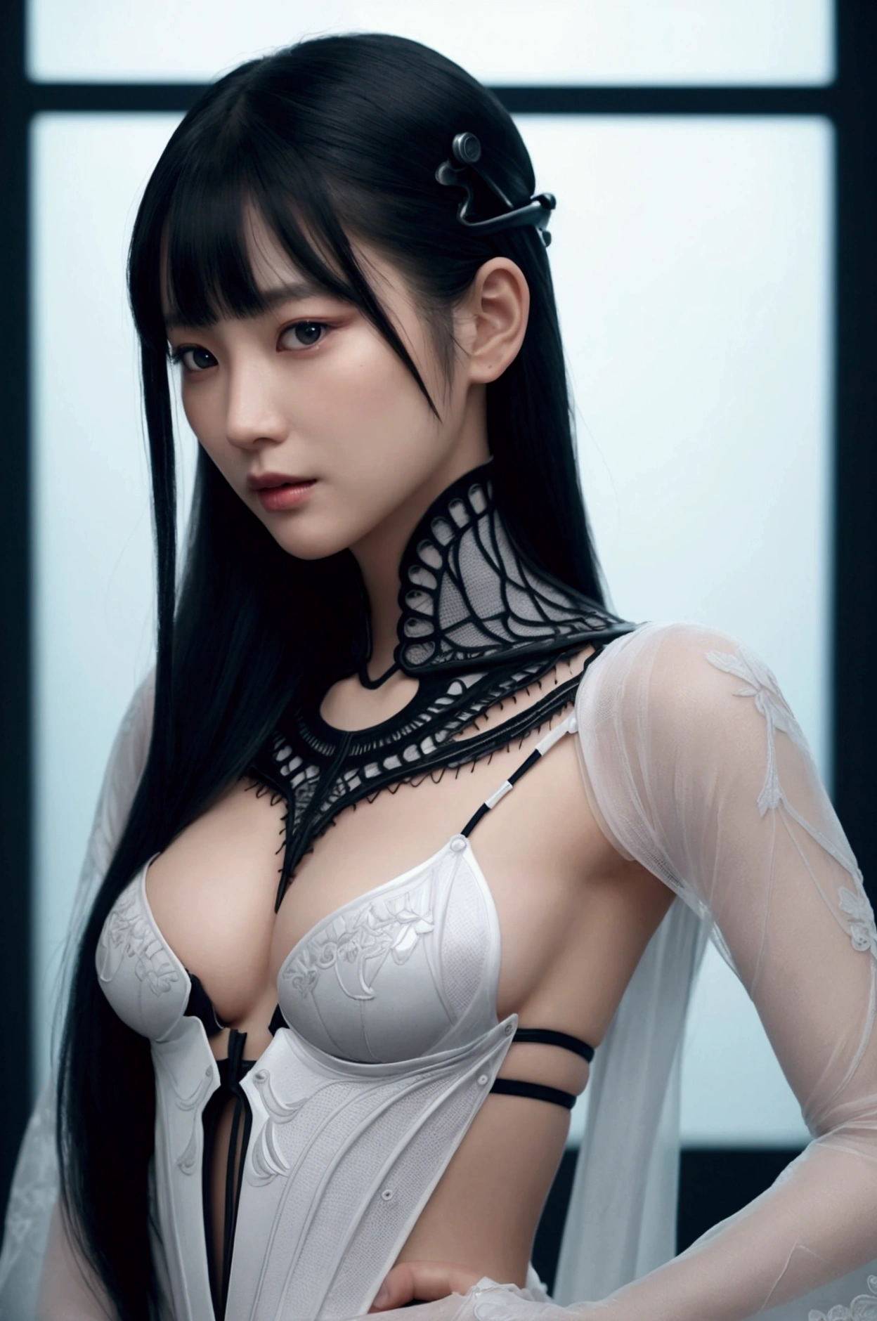 Realistic photos、Intricate 3D rendering of a beautiful mortal Japanese woman with medium long black hair idol、Biomechanical Cyborg、Analog 150mm lens、Nice natural soft edge light、Neon Veins、Delicate leaf lace、Color details、Boris Bidjan Saberi Costume、Art Nouveau fashion embroidery、Intricate detailesh Lines and Delbro Fractals、Electrical Cable Microchip、Rotor、Ultra-realistic、Octane,Volumetric Lighting,8K and Post-Production,Red and white and a little bit black,Skeleton details,Half Man,They will laugh,Glenn Brown Style,Futuristic room、God's Power、High angle shot、Complex body postureedical specimens、specimen display, dark fantasy, cinematic, fashion, photo