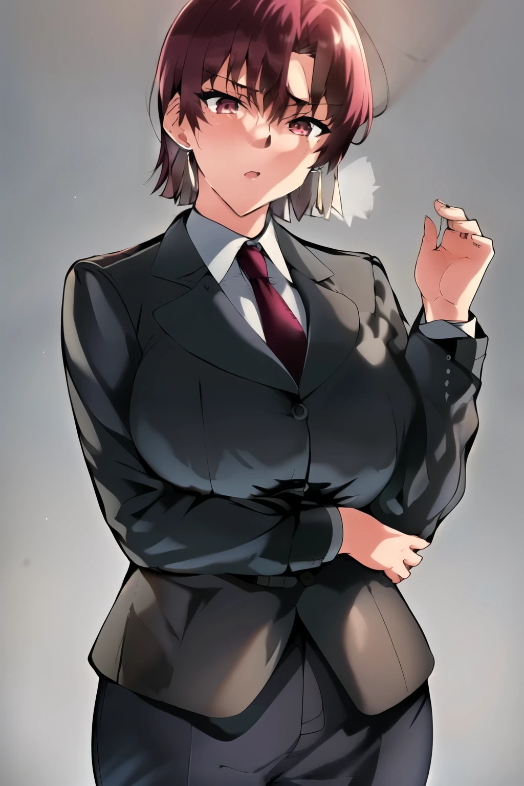 masterpiece, Highest quality, 、A person who writes in detail、Accurate human body、Knowledgeable person、Accurate 5 fingers,Mature Woman,Thick thighs,( Large Breasts,Facing forward、Are standing, See the viewers, Curvy Body,bazett, fgo, One Girl, alone, short hair, Redhead, bangs, Red eyes, Big Breasts、Formal suit, tie,black jacket,Earrings, Black trousers、White shirt、, Black gloves, 