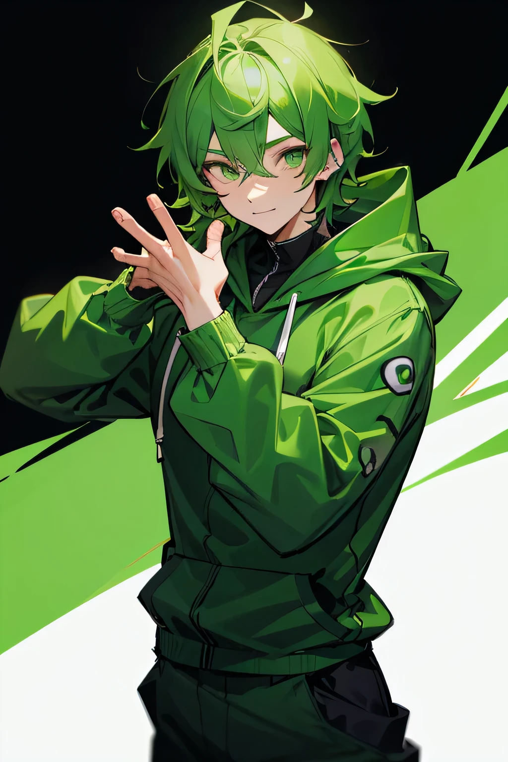 Green Eyes、20th Generation、Cool、male、Green hoodie、Close your mouth, Frog-like motif、Highest quality, High resolution, Long trousers、Ultra high definition, Medium Hair, A seductive smile, 