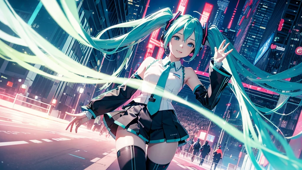 A spectacular parade in a futuristic metaverse theme park featuring Hatsune Miku and colorful neon lights