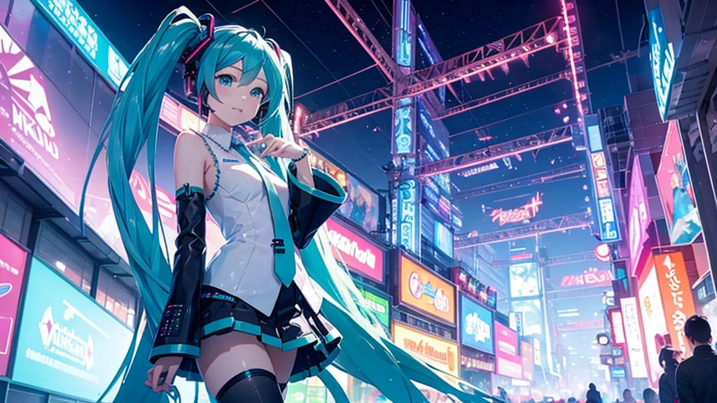 A spectacular parade in a futuristic metaverse theme park featuring Hatsune Miku and colorful neon lights