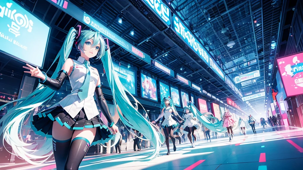 A spectacular parade in a futuristic metaverse theme park featuring Hatsune Miku and colorful neon lights