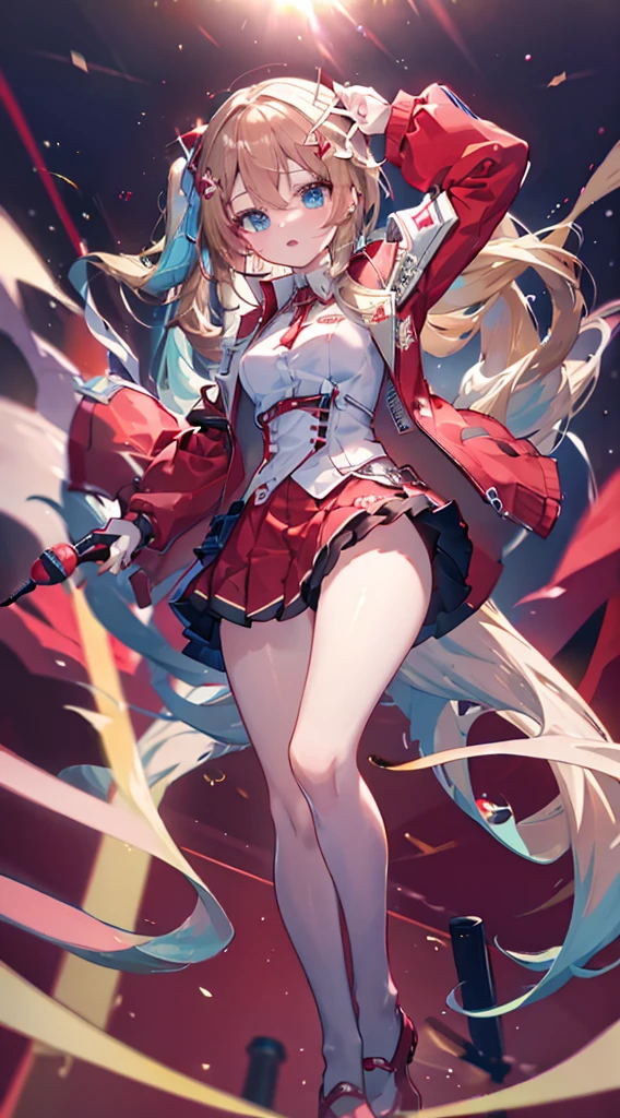 Masterpiece, Highest quality, Ultra-high resolution, Ultra HD,Brown straight hair, red mini skirt, red jacket, shirt with English logo, light blue eyes, red microphone, jumping, singing