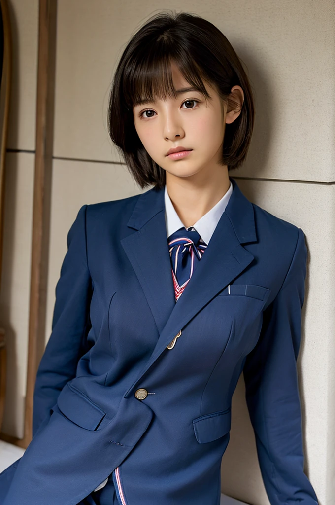 ((highest quality, masterpiece :1.3)), Photorealistic、Ultra-high resolution、Natural skin texture、Hyperrealism、Picture from the waist up、 Japanese beautiful girl、Short Hair、Big Breasts、Navy blue blazer-type uniform、Chest Bondage、music room、Sad look、Gaze up at the front