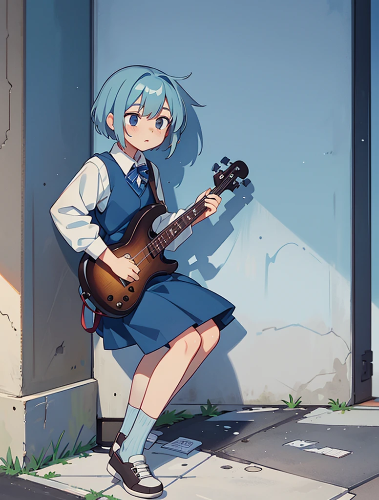 Bassist, pretty female high school student, dull blue hair, dress shirt, cold personality, short hair, Sitting on the floor of a concrete alley, absorbed in playing the bass, Look towards the base