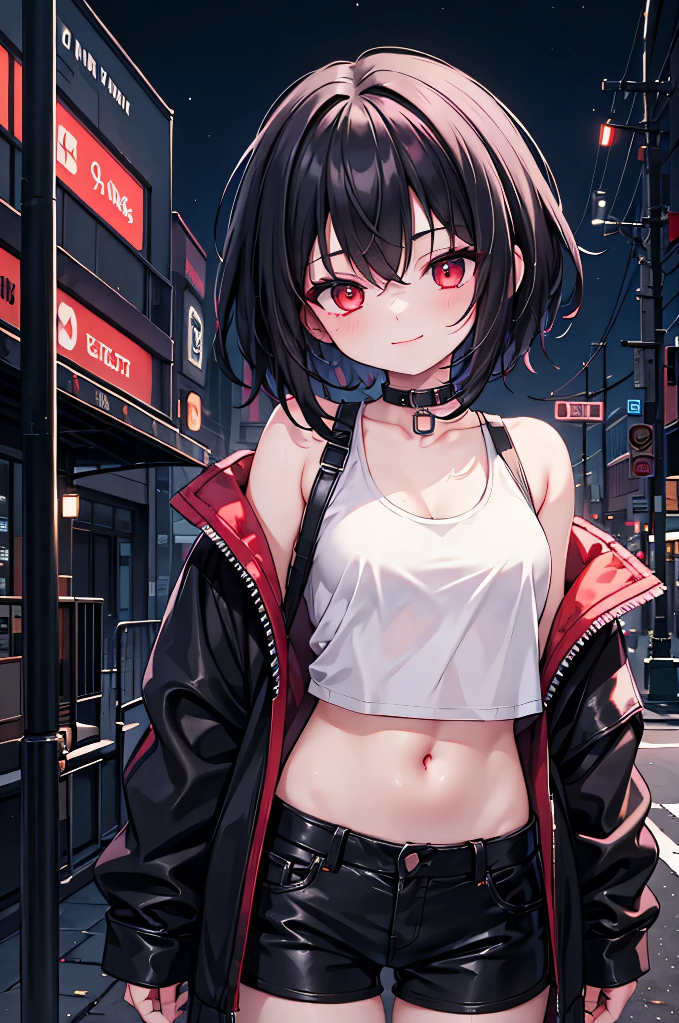 (masterpiece), cyber punk, city, night, Neon Light, city lights, One Girl, Black Hair,White tank top with red pattern, short hair,Red Eye,hair ornaments,Around 16 years old,smile,He has taken off his jacket to expose his shoulders..,Belly button
