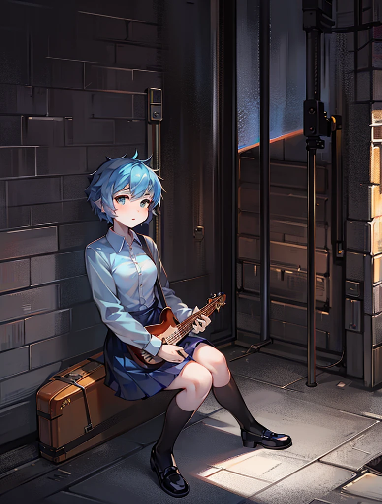 Bassist, pretty female high school student, dull blue hair, dress shirt, cold personality, short hair, Sitting on the floor of a concrete alley, absorbed in playing the bass, Look towards the base