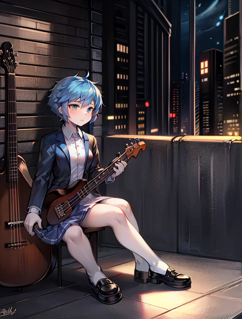 Bassist, pretty female high school student, dull blue hair, dress shirt, cold personality, short hair, Sitting on the floor of a concrete alley, absorbed in playing the bass, Look towards the base