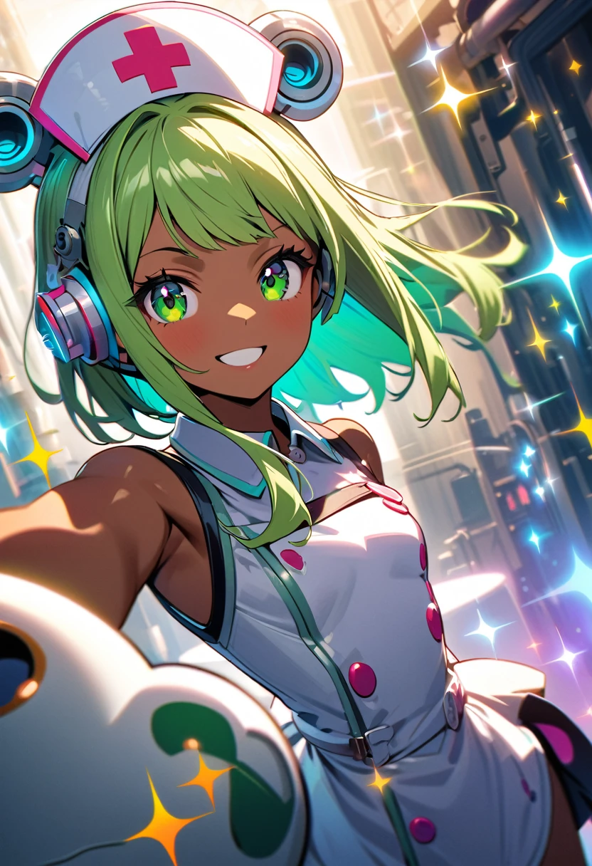 (masterpiece, best quality:1.1), (ultra highres, ultra-detailed:1.2) ,one girl,tween,cute, (white frog headband,tanned dark skin,big headgear,lightgreen hair,side bangs,white sleeveless nurse one piece,white frog gloves,mini skirt,white platform boots,small breast),(has a large syringe),mysterious research facility,(fullbody),smile,detailed face, depth of field,Portrait,beautiful lighting, volumetric lighting, dynamic angle,(sparkle:1.5) ,popart style,
