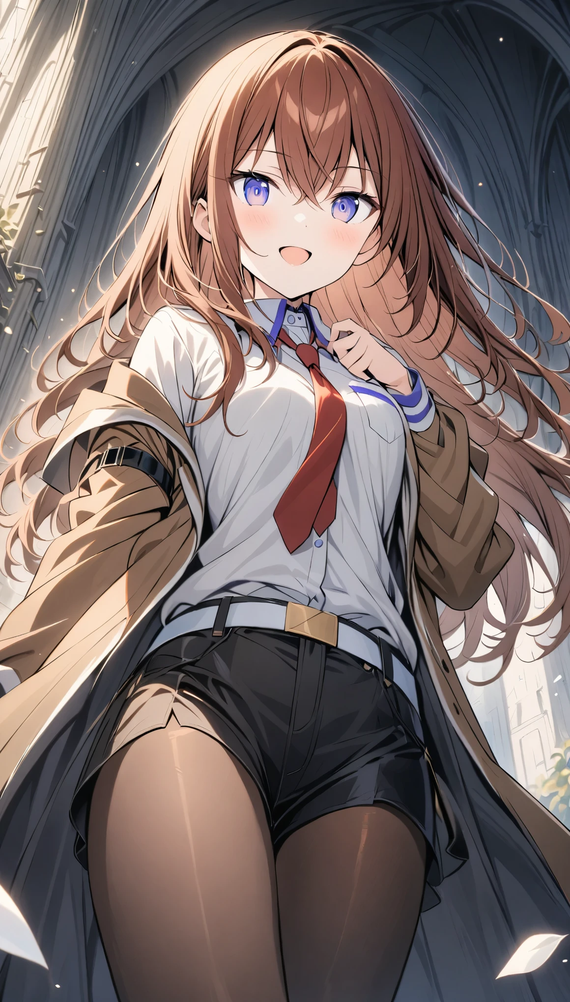 One girl, makise kurisu, Stein;Gate,Short shorts, shirt, pantyhose,tie,White,Research Room, From below, Cowboy Shot, Future outlook, Captivating smile, Open your mouth, medium quality,