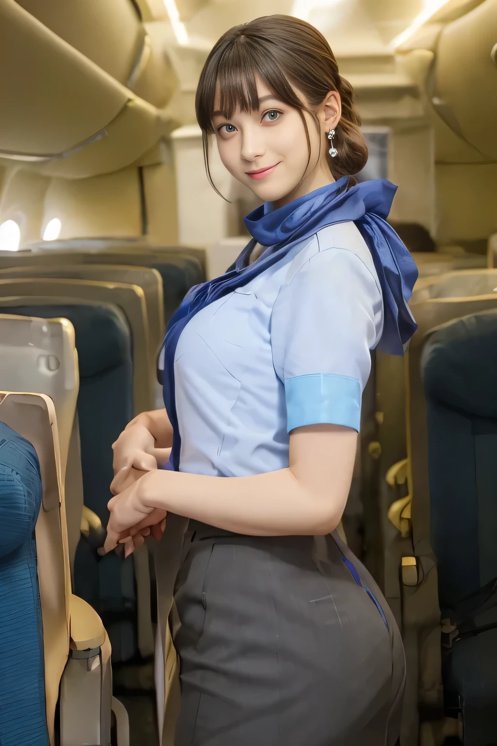 (masterpiece:1.2, Highest quality:1.2), 32k HDR, High resolution, (alone, 1 girl), （ANA cabincrew uniform blue uniform real style）, A proper woman, Beautiful Face, Brown Hair, (Long Hair、hair bun), (ANA cabincrew uniform blue uniform blouse:1.05, Light blue scarf、Skirt with blue lines on the buttocks:1.1, pantyhose),、（long hair that reaches to the feet）、Perfect slim body:1.1, Huge breasts, huge breasts cleavage, Detailed skin texture, Beautiful Eyes, (smile:1.2), necklace、Earrings、(forward leaning posture:1.5）, On the roof of a building, Rooftop in the daytime,Blue eyes、Hands fold underneath