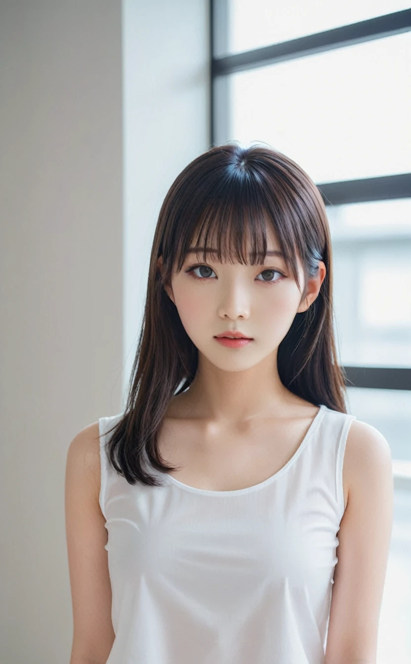 Realistic,Portrait of one girl of young Japanese idol,Upper Body,Dark brown hair,indoor,View your audience,Simple white background,Release your lips,Popular Korean makeup,photoRealistic,Straight Long Hair,See-through bangs,White blouse