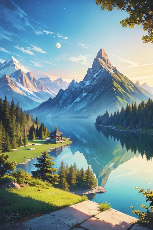 Highest quality、masterpiece、Landscape painting、Moon, Mountains and Lakes、Surrealism