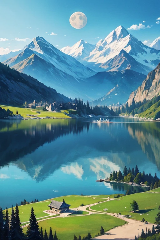 Highest quality、masterpiece、Landscape painting、Moon, Mountains and Lakes、Surrealism
