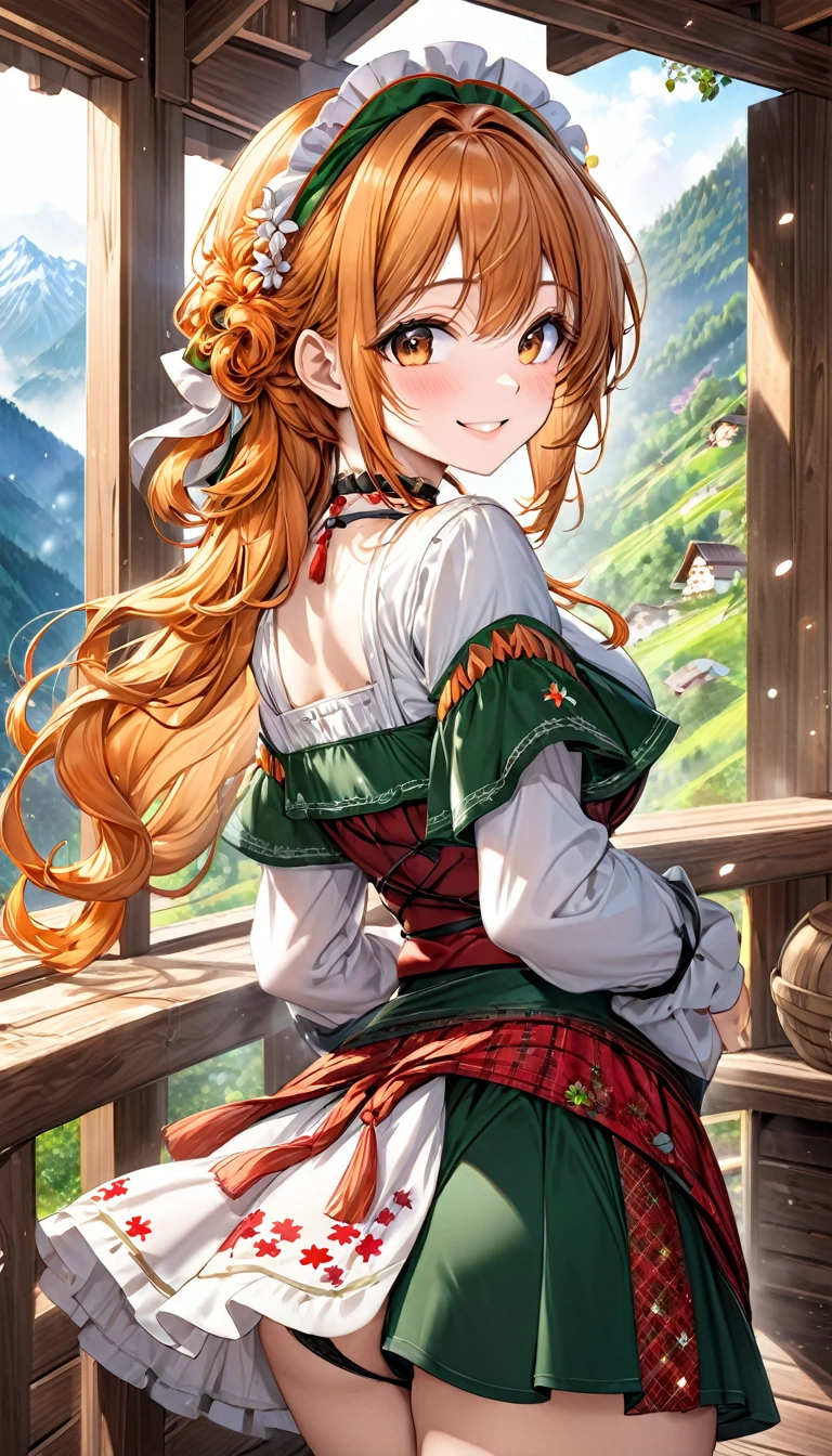 looking back, cute woman, amorous and lewd face, smiling, make-up, orange messy wavy hair, butt-pushing pose, great proportion, wearing swiss national costume tracht, choker, (ultra detailed, absolutely resolution, best quality:1.3), 2.5D, delicate and dynamic, hyper realistic, artistic photography, graphic CG digital art, shading effects, gradation magic effects, glitter effects, sunlight effects, foggy filter effect, background lush mountain hut