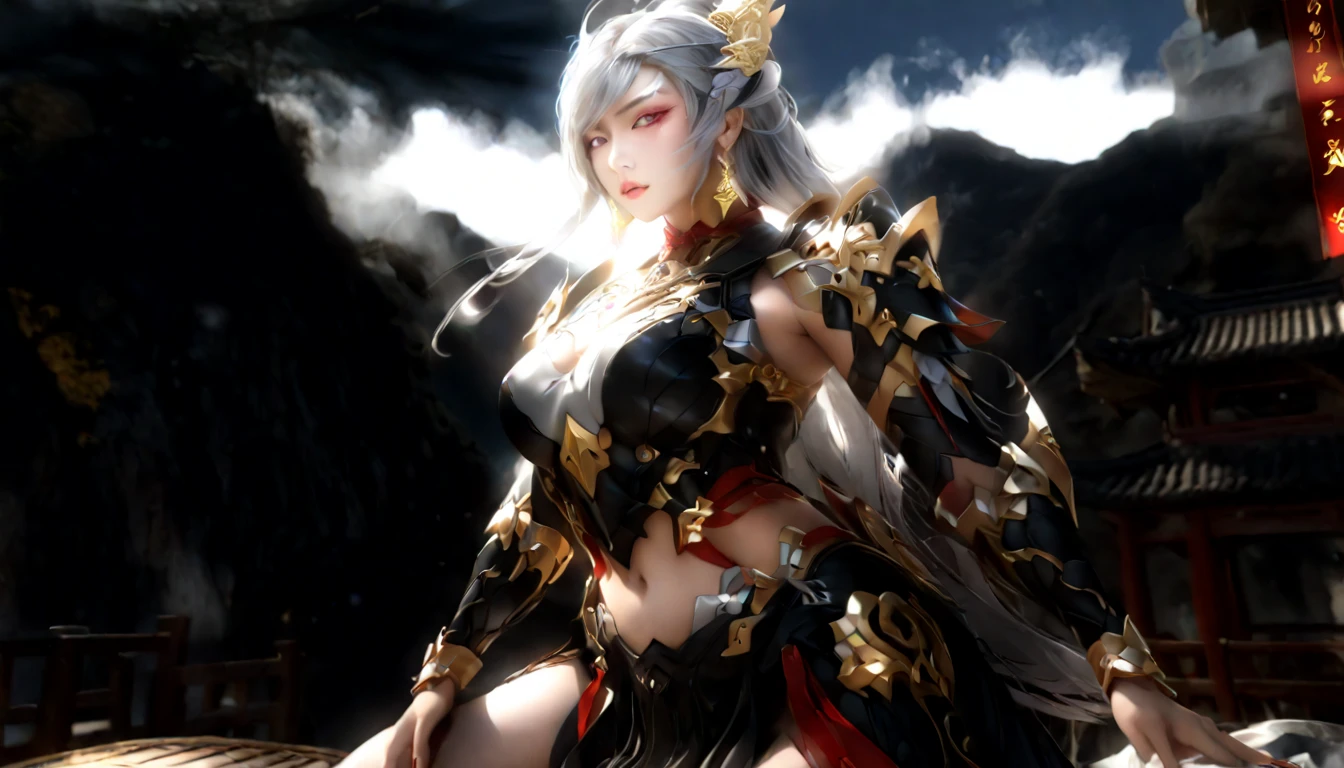 high quality,HD,16K,Sharp Line,1 Girl,fantasy, （Fire Spirits）,Pretty Face, Large Breasts, Beautiful legs,In the mountains,Focus Girl,detailed Pretty Face,Detailed clothes,beautiful eyes,Cool,Sexy,Dynamic Angle,穿着华服的神明Strike a pose拍照, Ancient mysterious sexy goddess, Traditional beauty woman, Beautiful female warrior god of war , Beautiful sexy goddess, Gorgeous role-playing, high, Beautiful young girl, Beautiful woman, 华丽Beautiful woman, Complex clothing,Chinese Mystical Aesthetics, Beautiful Asian ancient mysterious girl, Extremely detailed shot of the goddess, Jaw-dropping sexy beauty, Big breasts deep neckline sexy belly button（butt), (bedroom), (Sexy Girls), masterpiece, best quality, Bangs, blush, Chest, clavicle, Eyebrows visible through hair, (Gradient red and gold hair), Jewelry, Long hair,Bright Eyes, ring, (solitary), illustration, fashionable, miss, Strike a pose, background, element, confident, Express, Accessories, majestic, striking, key point, Dynamic poses, ((plump)), (black))Woman in transparent dress,Viewer,(((Full breasts, Keeley University))),Slim waist,(Navel exposed,Bare waist), Long hair, extreme detailed details, 详细的fantasy艺术, Stunning character art, Beautiful and exquisite character art, Beautiful transparent dress, Very detailed, Large Breasts，Chest，Golden ratio figure，Beautiful figure，Ultra wide-angle shooting，Full body shot拍摄，Body close-up，Full body shot，Wearing a pleated tulle skirt，柔和动漫illustration, 柔和的深色background，Fujifilm XT3 Clear focus, f 5.6, High Detail, Clear focus,(Wearing openwork clothing),, (Natural light), (Tempting)translucent, Good velvet quality, Compared, Divine Light,, Silver hair, 天空background, Absolute Strength,Female Shinmei，穿着性感丝绸的Female Shinmei,，Large Breasts，Chest，Golden ratio figure，Beautiful figure，Ultra wide-angle shooting，Full body shot，Body close-up，Full body shot， Wearing a tulle dress, Model shooting style, Large Breasts，饱满Chest，Golden ratio figure，Beautiful figure，(Extremely detailed CG 8k wallpaper unit), The most beautiful artistic photos in the world, , 8K 超HD, ) on the beach，Sexy lazy posture，Sexy seductive expression，best quality,masterpiece,Ultra-high resolution,(Practical:1.4),original photo,Ultra-high resolution