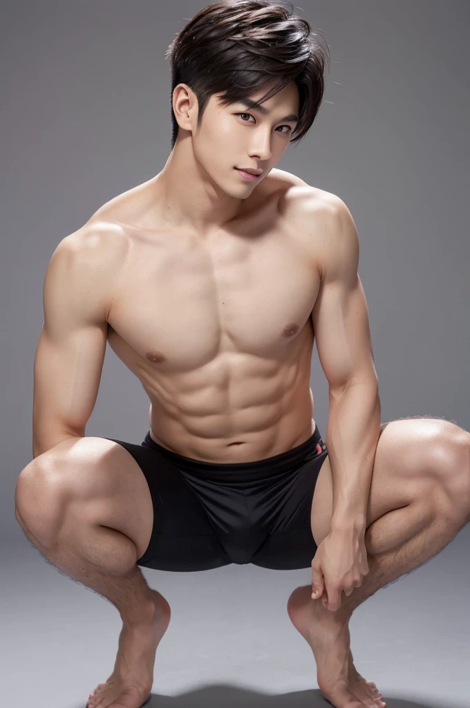 Japanese male model in micro thongs, G-string, lifted arms, spread legs, Full Body Shoot, Quiff haircut, look at camera, detailed facial parts, Manly, Charmer, Active Boy, stand in front of gray background, Freestyle Pose, squatting, Happy Expression, perfect anatomy, symmetric body, asian boy 19 years old, shirtless :: high detail, asian, a little six packs attractive body, realistic, human skin, Short Hairstyle, handsome chad chin, shirtless, handsome, attractive, masculine, sexually attractive, human skin, (eyes contact), Handsome, Attractive