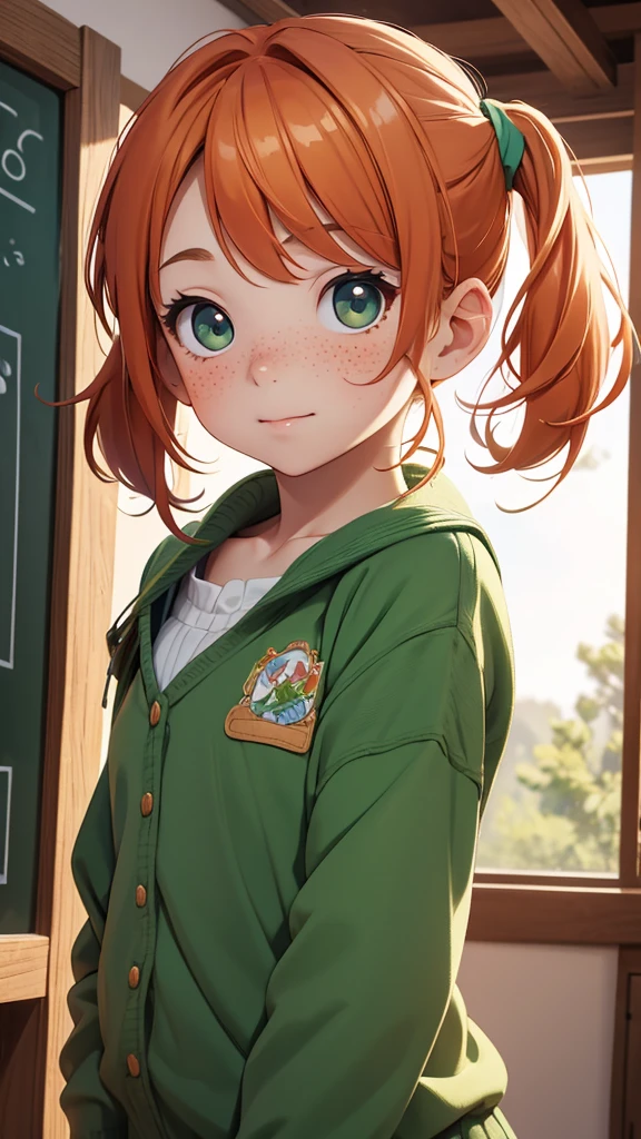 (masterpiece), (4k), )vivid colors), (evening light) 7 year old girl with ginger hair, innocent face, freckles and 2 green pigtails dressed as a student, flat chest