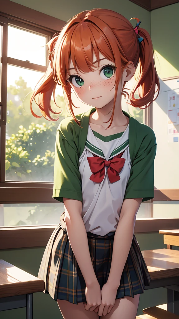 (masterpiece), (4k), )vivid colors), (evening light) 7  girl with ginger hair, innocent face, freckles and 2 green pigtails dressed as a student, flat chest