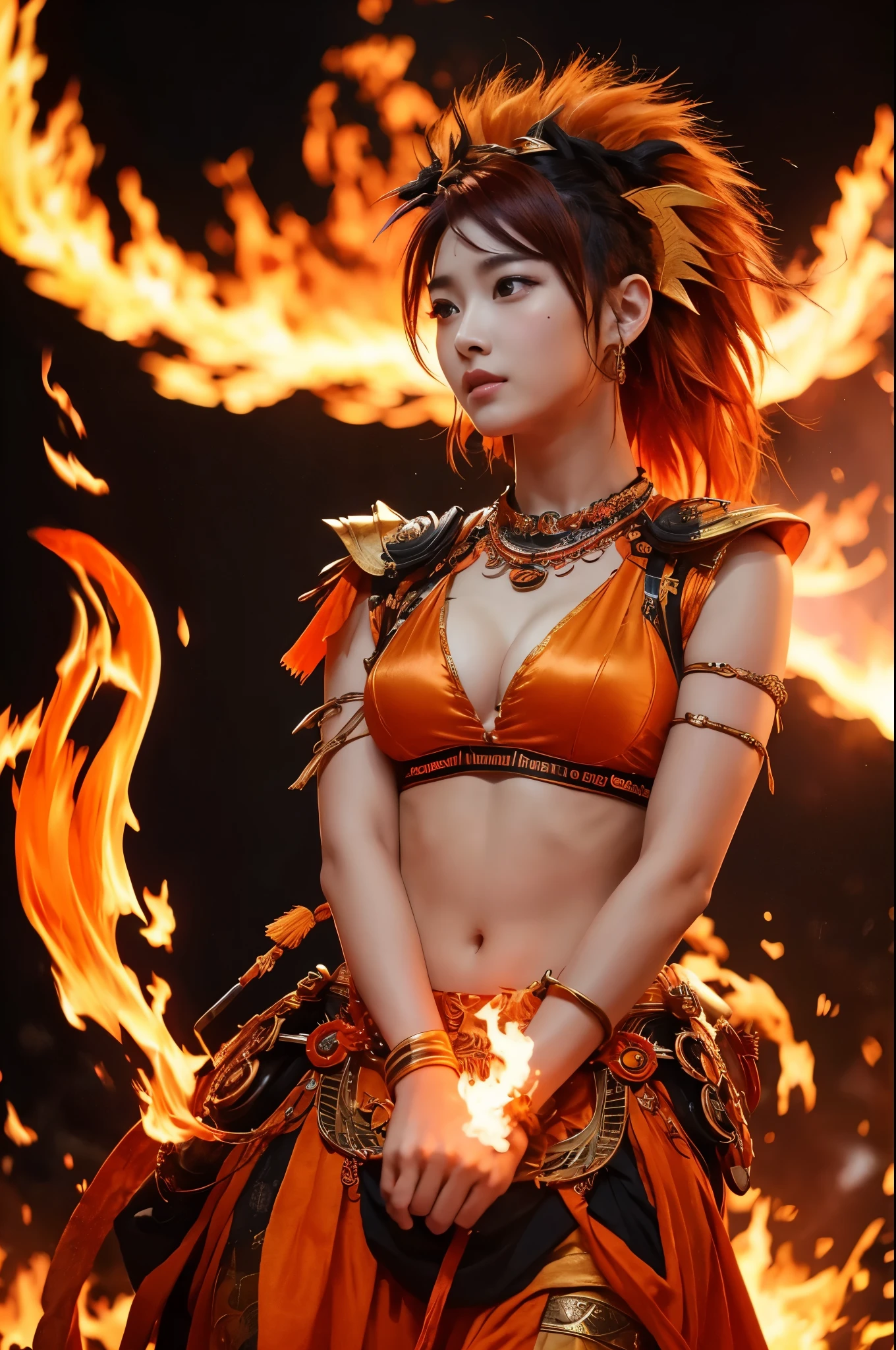 8k,Goddess of Fire, With the energy of a 20-year-old.,Super Beauty(Like the real thing),Gazing at the audience.,Orange Mohawk Hair,Sexy orange and black large chest armor(Fire God&#39;s Emblem),Orange Flame Gauntlets(Fire God&#39;s Emblem),Orange Flame Leg Guards(Fire God&#39;s Emblem),A dark and desolate land,Photorealistic RAW photos of the highest quality。Bright colors,Rich colors, Backlight, Cinema Lighting, Film Grain, 50mm lens, Nikon D850,Realistic Skin,Fantasy art,Character Art,Ultra-high resolution,Realistic Skin,Very strong and toned abdominal muscles,Raised muscles,Goddess of Fireである20歳の美女,Golden Eyes,Black Flame God Costume(Orange flame emblem filigree),Energy Man,Super Muscular Beauty,Hard and strong abs,Top-down view,Dynamic fighting pose,Uplifting,Big smile,Bright Red Eyes,American Woman,Bodybuilder,