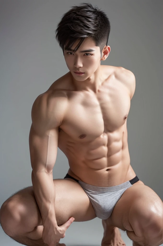 Japanese male model in micro thongs, G-string, lifted arms, spread legs, Full Body Shoot, Quiff haircut, look at camera, detailed facial parts, Manly, Charmer, Active Boy, stand in front of gray background, Freestyle Pose, squatting, Happy Expression, perfect anatomy, symmetric body, asian boy 19 years old, shirtless :: high detail, asian, a little six packs attractive body, realistic, human skin, Short Hairstyle, handsome chad chin, shirtless, handsome, attractive, masculine, sexually attractive, human skin, (eyes contact), Handsome, Attractive