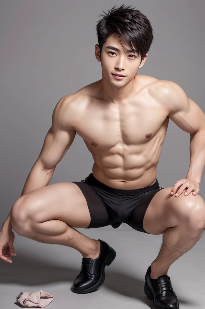 Japanese male model in micro thongs, G-string, lifted arms, spread legs, Full Body Shoot, Quiff haircut, look at camera, detailed facial parts, Manly, Charmer, Active Boy, stand in front of gray background, Freestyle Pose, squatting, Happy Expression, perfect anatomy, symmetric body, asian boy 19 years old, shirtless :: high detail, asian, a little six packs attractive body, realistic, human skin, Short Hairstyle, handsome chad chin, shirtless, handsome, attractive, masculine, sexually attractive, human skin, (eyes contact), Handsome, Attractive