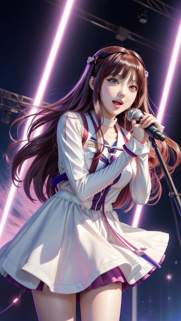 anime girl with long hair holding a microphone and singing, Cute girl anime visuals, maAlso kitagawa fanart, Also, anime Moe artstyle, Official Artwork, Official Art, yuruyuri, Anime Best Girl, Official Anime Artwork, Heroine Japan Vivid scenery, Moe, Anime key visual, Young woman anime visual, macross delta splash art