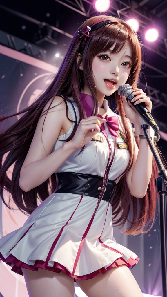 anime girl with long hair holding a microphone and singing, Cute girl anime visuals, maAlso kitagawa fanart, Also, anime Moe artstyle, Official Artwork, Official Art, yuruyuri, Anime Best Girl, Official Anime Artwork, Heroine Japan Vivid scenery, Moe, Anime key visual, Young woman anime visual, macross delta splash art
