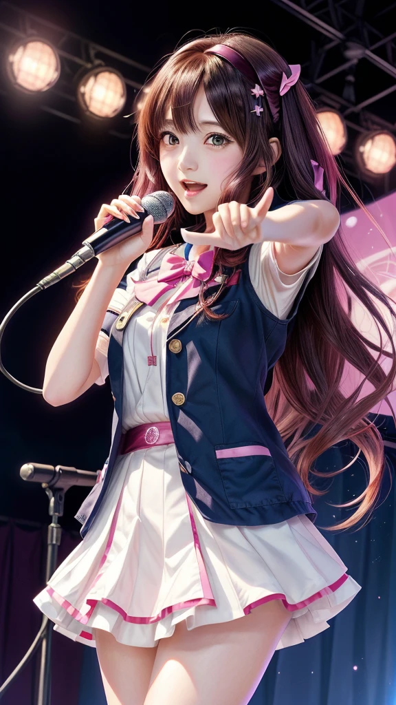 anime girl with long hair holding a microphone and singing, Cute girl anime visuals, maAlso kitagawa fanart, Also, anime Moe artstyle, Official Artwork, Official Art, yuruyuri, Anime Best Girl, Official Anime Artwork, Heroine Japan Vivid scenery, Moe, Anime key visual, Young woman anime visual, macross delta splash art