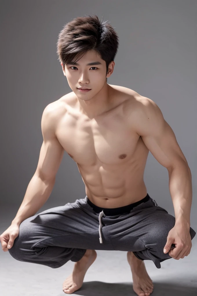 Japanese male model in micro thongs, G-string, lifted arms, spread legs, Full Body Shoot, Quiff haircut, look at camera, detailed facial parts, Manly, Charmer, Active Boy, stand in front of gray background, Freestyle Pose, squatting, Happy Expression, perfect anatomy, symmetric body, asian boy 19 years old, shirtless :: high detail, asian, a little six packs attractive body, realistic, human skin, Short Hairstyle, handsome chad chin, shirtless, handsome, attractive, masculine, sexually attractive, human skin, (eyes contact), Handsome, Attractive
