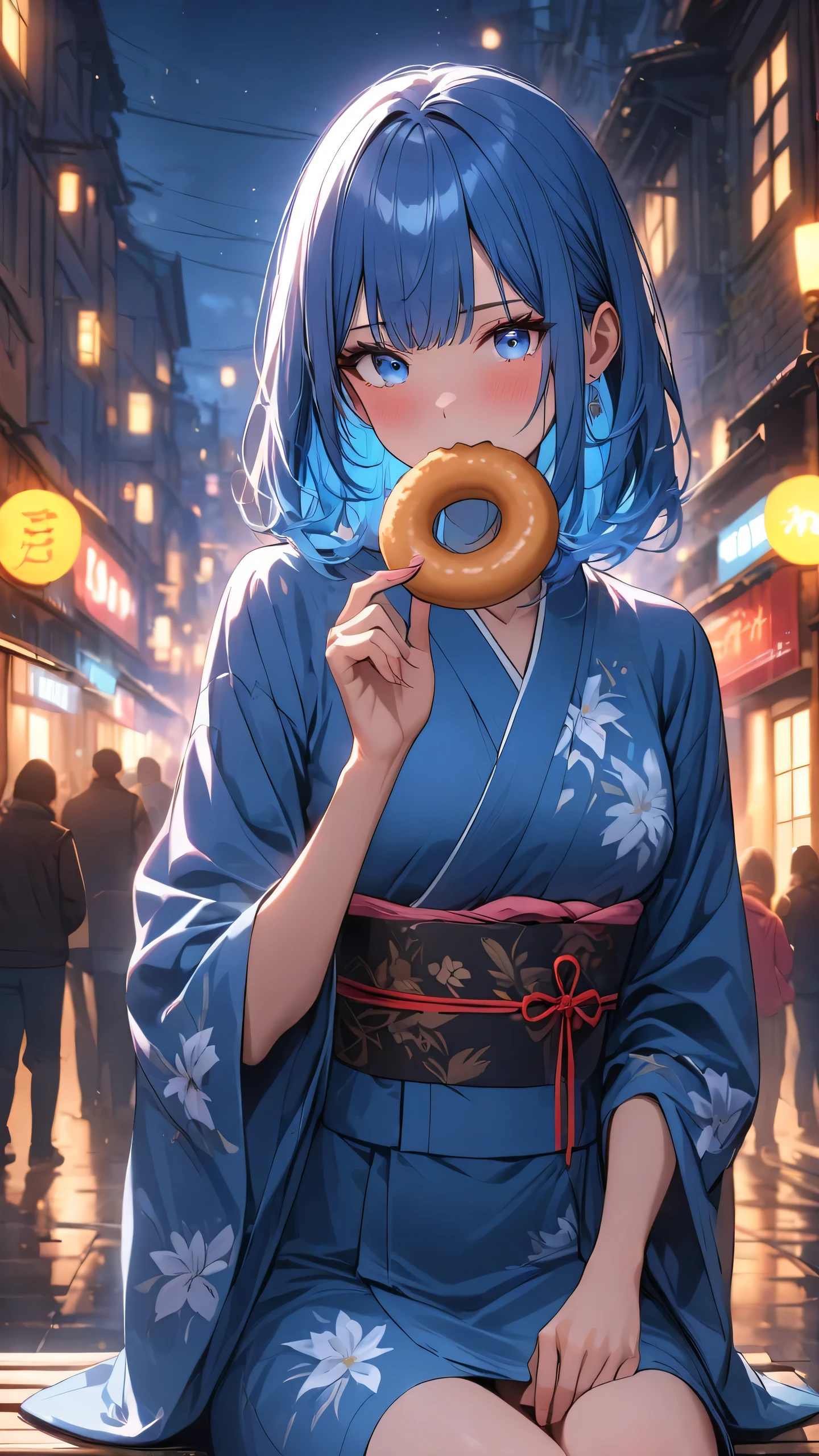 highest quality, masterpiece, best quality, 1 girl, solo,
BREAK
dramatic lighting, glowing, glowneon, moonlight,
BREAK
street, town, 
BREAK
holding donut, sitting on bench, upper body 
BREAK
blue eyes, medium hair, blue hair:1.5, straight hair, kimono