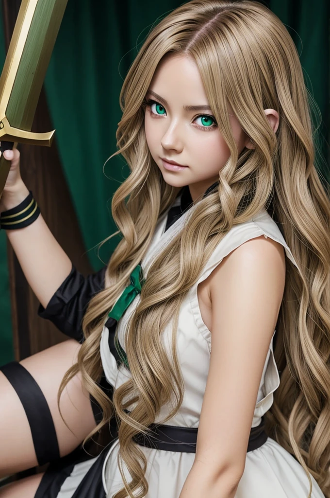 Create a girl in anime Demon Slayer style. She has dark blonde wavy hair and green eyes 