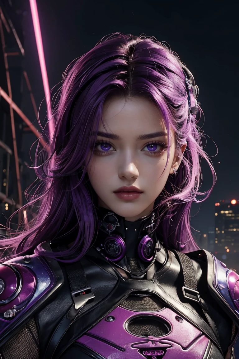 (masterpiece, Highest quality, Highest quality, Official Art, beautifully、beautiful:1.2), (One Man), extreme detailed,(Abstract),Colorful Hair,Purple mesh,highest detailed, detailed_eye, Rose,(Have the Holy Grail),cyber punk,Lightning, Light_particle, Red lips,Look here