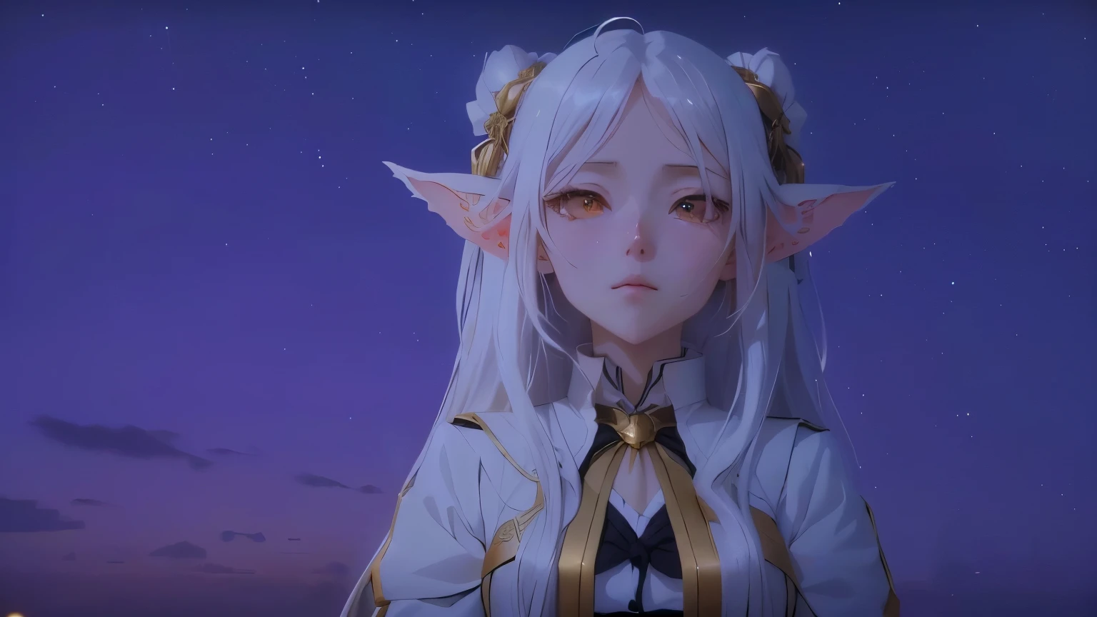 An anime girl with long white hair and a tie stands in front of the night sky, Anime movie screenshots, She has elven ears and golden eyes, A still from the anime, In anime movies, Gore anime screenshot, From the TV anime, Today&#39;s featured anime is still, Young woman anime visual, popular Isekai anime, 2 0 1 9 anime screenshots