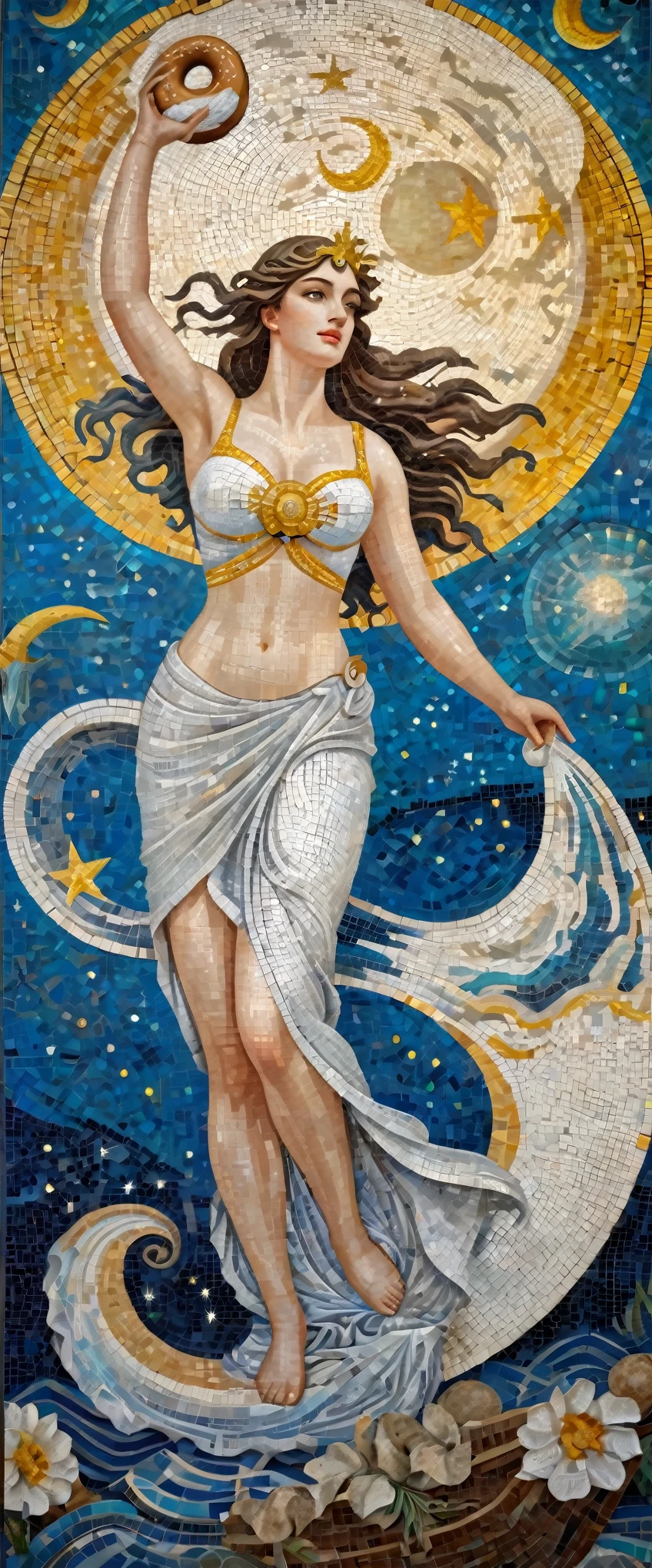 (8k, Highest quality, masterpiece)，(Realistic, RAW Photos, Super Fine Clear), Realistic Light, mural, Beautiful Girl Mosaic, Beautiful mosaics, constellation, moon, Detailed Description, ((Greek Mythology, Poseidon, The body is slim, Waistline, A large, swaying bust, Fascinating, Vibrant, Ancient Greek Costume, Eat a donut in your hand))