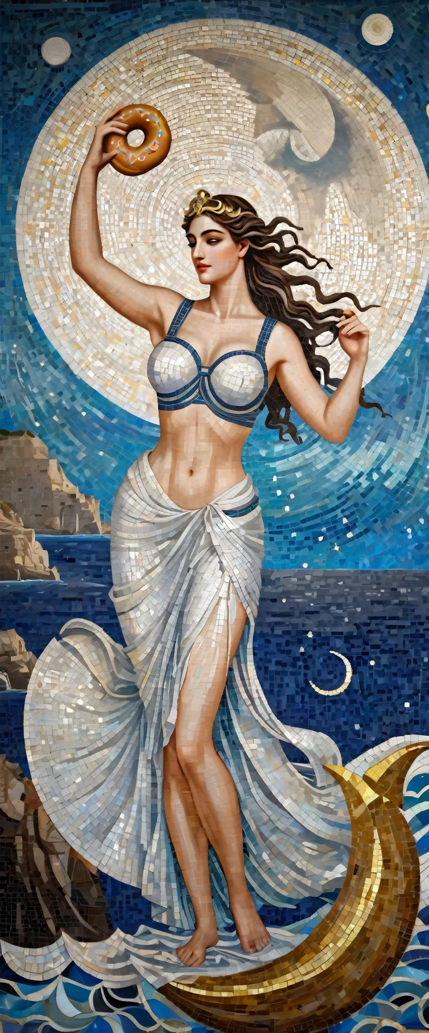 (8k, Highest quality, masterpiece)，(Realistic, RAW Photos, Super Fine Clear), Realistic Light, mural, Beautiful Girl Mosaic, Beautiful mosaics, constellation, moon, Detailed Description, ((Greek Mythology, Poseidon, The body is slim, Waistline, A large, swaying bust, Fascinating, Vibrant, Ancient Greek Costume, Eat a donut in your hand))