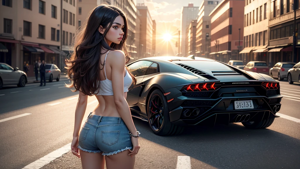 a beautiful woman racer laying on top of a rally car, Big hoop earrings, rear view, looking back at camera,latex mini skirt, Clear stilettos