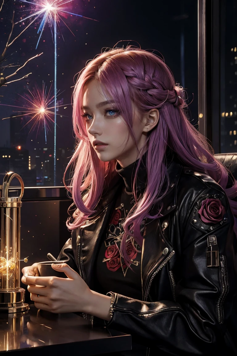 (masterpiece, Highest quality, Highest quality, Official Art, beautifully、beautiful:1.2), (One Man), extreme detailed,(Abstract),Colorful Hair,highest detailed, detailed_eye, Rose,Have the Holy Grail,cyber punk,Lightning, Light_particle,