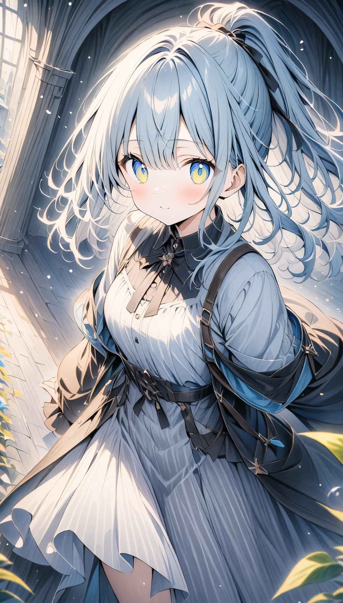 ((style:Colored pencil,pale colour))、(anime)、(masterpiece:1.2),Atmospheric perspective,Lens flare、Fantasy worldview、(Alchemist Girl)、A room in the laboratory、cute、(Otherworldly clothing)、ponytail
