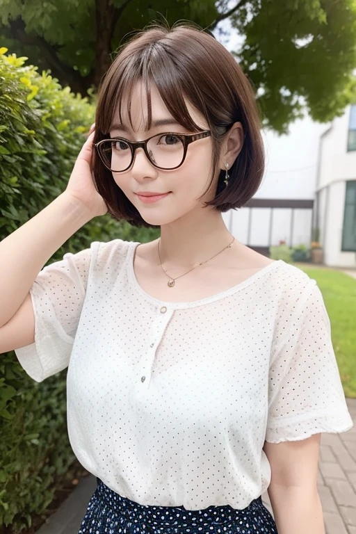 Highest quality、masterpiece、High sensitivity、High resolution、Detailed Description、Slender women、Glasses、Bobcut、Polka dot skirt、